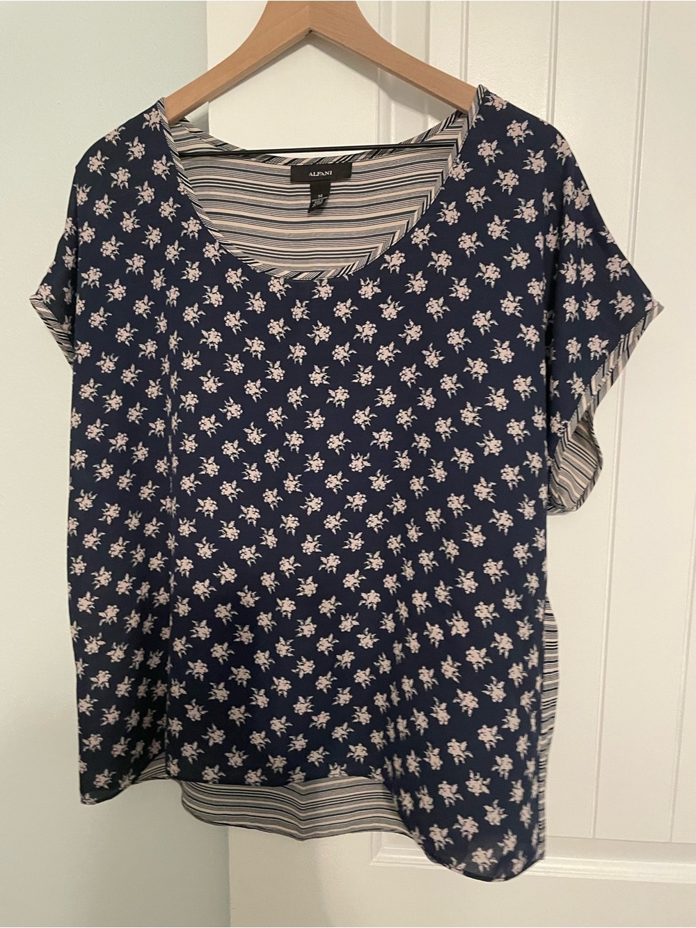 Alfani Navy Floral Short Sleeve Top with Striped Trim